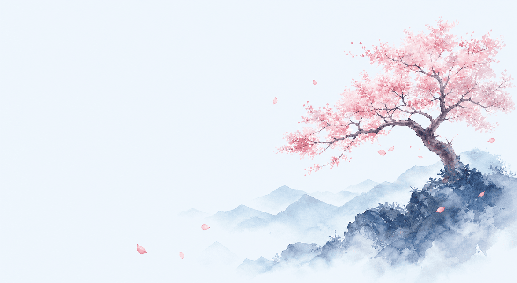 Watercolor cherry blossom tree over misty mountains